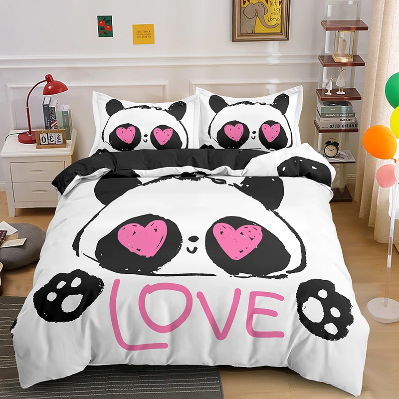 Fashion Cute Cartoon Panda Pattern Bedding Set Pink Bird Copripiumino Federa King Queen Twin Size Bed Set 2/3 Pezzi