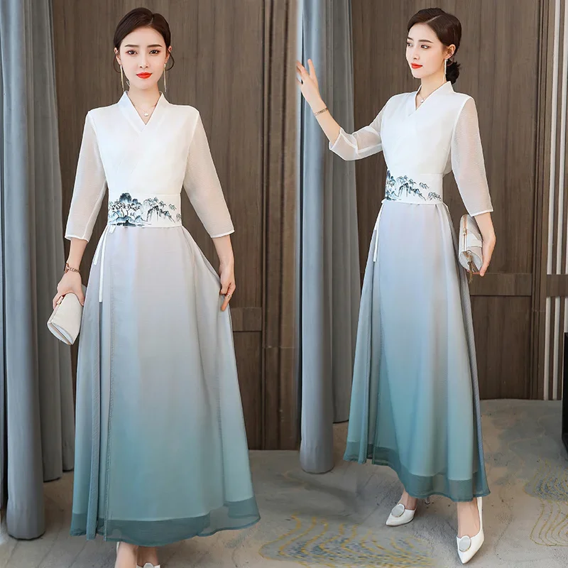 Abiti Asiatici Donna Eleganti Slim Zen National Harajuku Abbigliamento Vintage Style Hanfu Women Chinese Dress Tradizionale Lungo Qipao