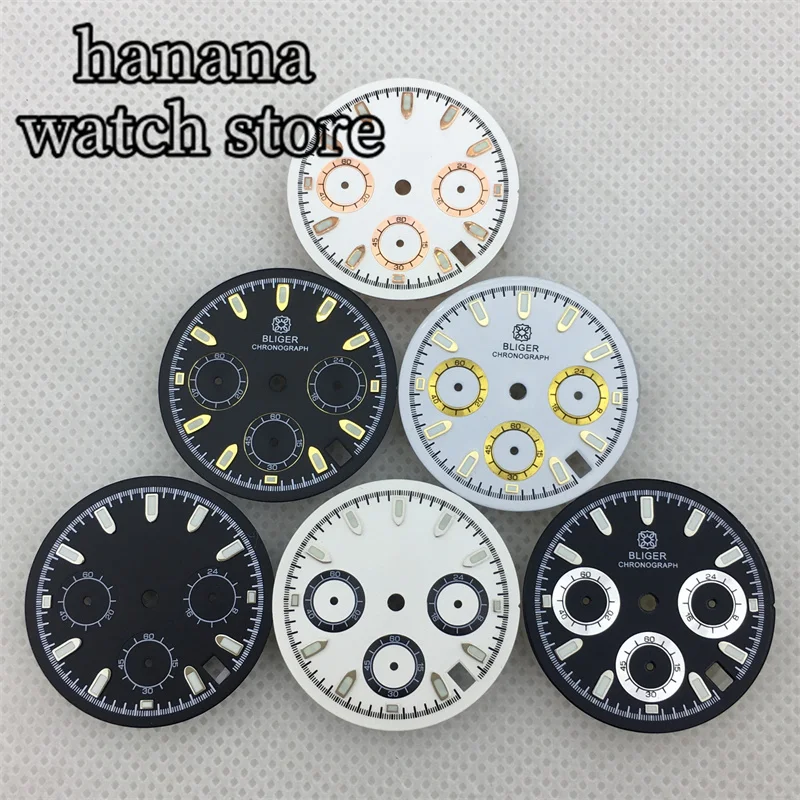 Bliger 30Mm Vk63 Quadrante Orologio Nero Bianco Oro Quadrante Verde Luminoso Fit Vk63 Vk64 Movimento