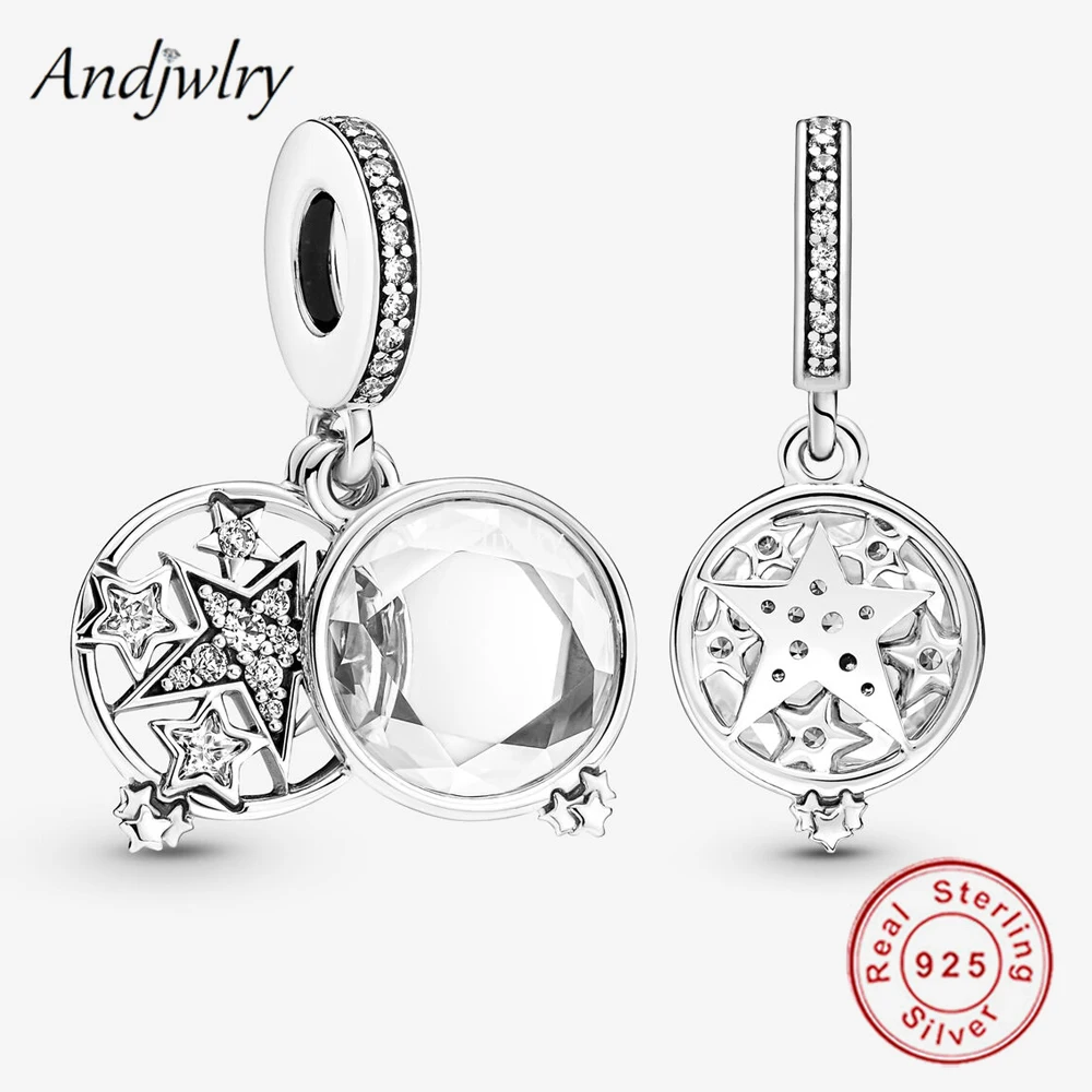 Shining Zircon Stars Fit Bracelet Silver 925 Original Magnified Star Double Dangle Charm Pendant Bangle Jewelry Berloque