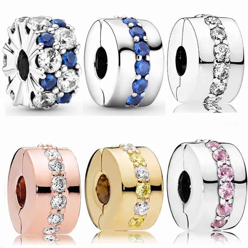 Original Rose Gold Sparkling Shining Path Clear & Blue Clip Charm Bead Fit Pandora 925 Gioielli In Argento Sterling
