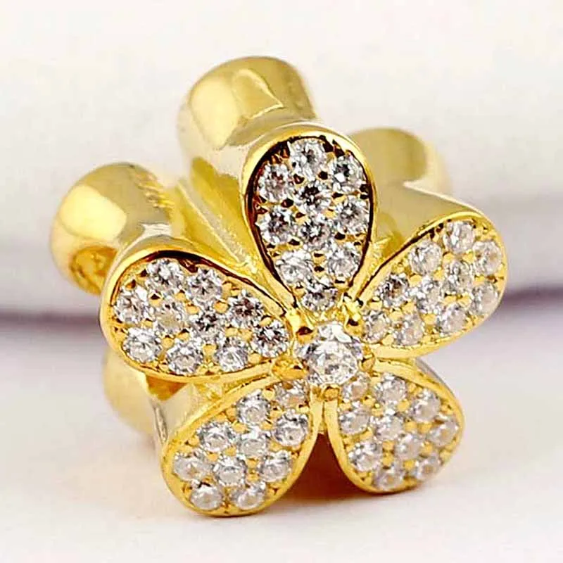 Original Gold Color Shine Dazzling Daisy Con Perline Di Cristallo Fit 925 Sterling Silver Bead Charm Bracciale Gioielli Fai Da Te