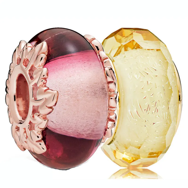 Shine Golden Sfaccettato Rosa Rosa Vetro Di Murano E Foglie Charm 925 Sterling Silver Original Bead Fit Fashion Bracciale Gioielli Fai Da Te