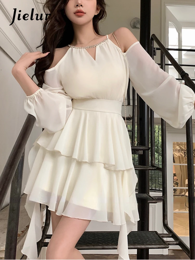 Jielur Summer Elegant Chiffon Mini Dress Donna Manica Lunga Anche Abiti Da Festa Office Lady Chiffon One Piece Dress Moda Coreana
