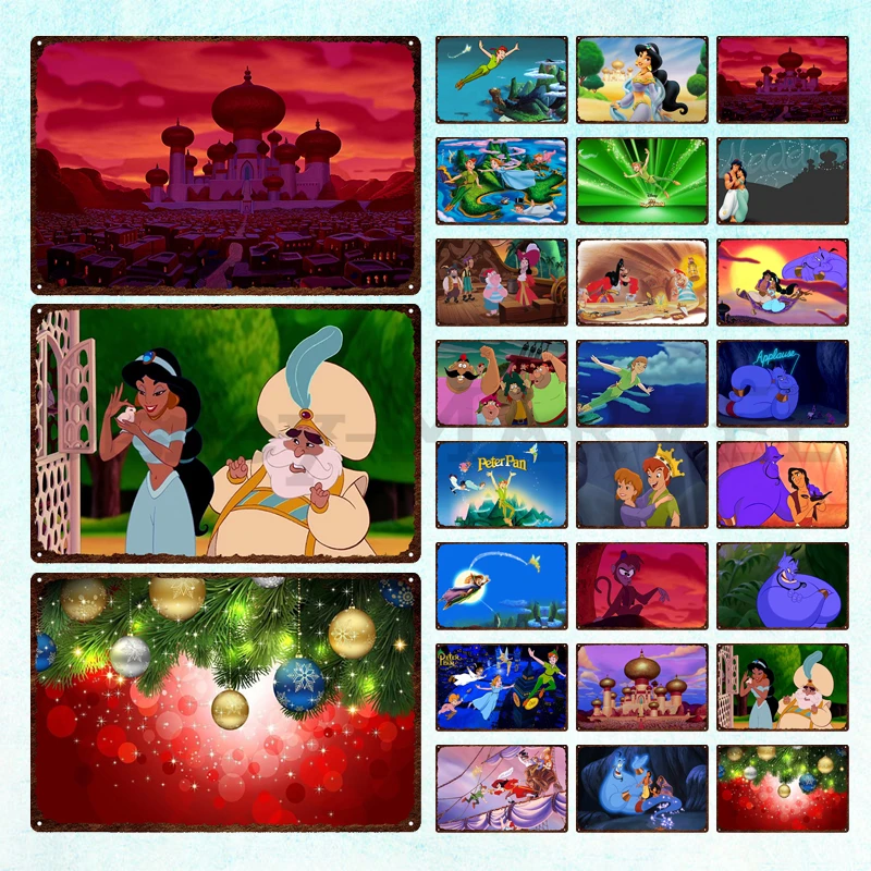 Lampada Di Aladdin Targa In Metallo Peter Pan Tin Plate Princess Jasmine Adesivi Murali Vintage Disney Fairy Metal Poster Tin Plate Decor