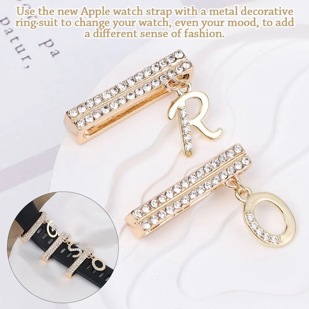Luxury Gold 26 Letter Decoration For Apple Watch Band Metal Charms Diamond Jewelry Charms Smart Watch Accessori Per Cinturini In Silicone