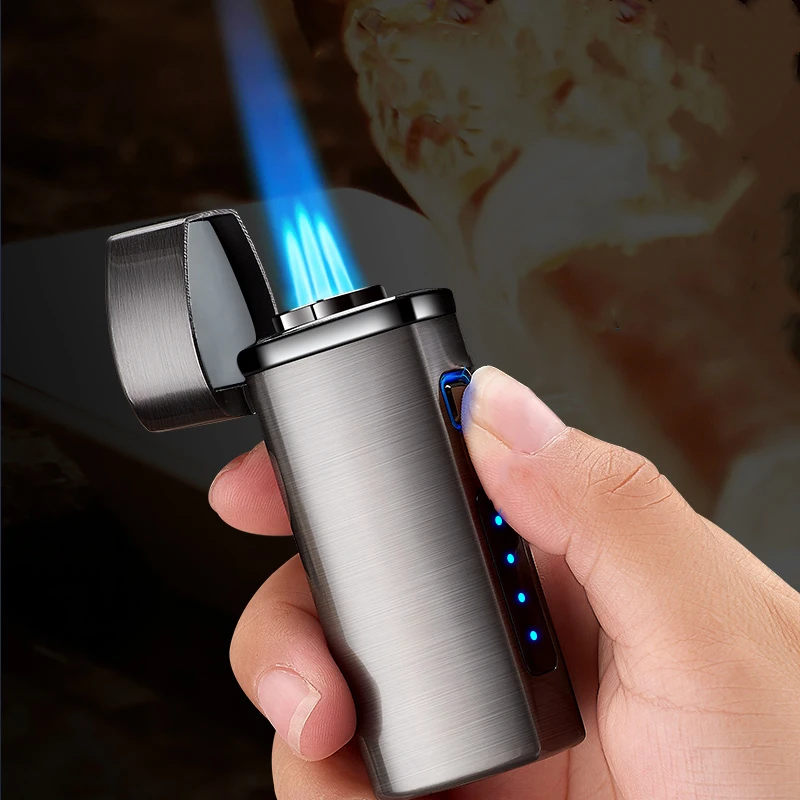 Touch Sensing Metal Outdoor Windproof Electric Usb Lighter Turbo Three Torch Blue Flame Jet Cigar Tool Accendino A Gas Regalo Da Uomo