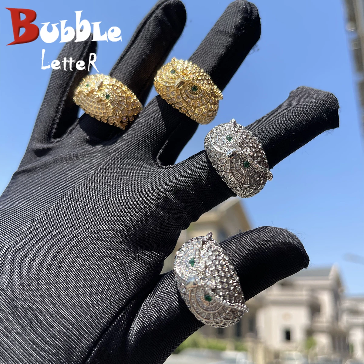 Bubble Letter Owl Ring For Men Real Gold Plated Brass Cubic Zircone Iced Out Charms Gioielli Hip Hop 2022 Trend Best Seller