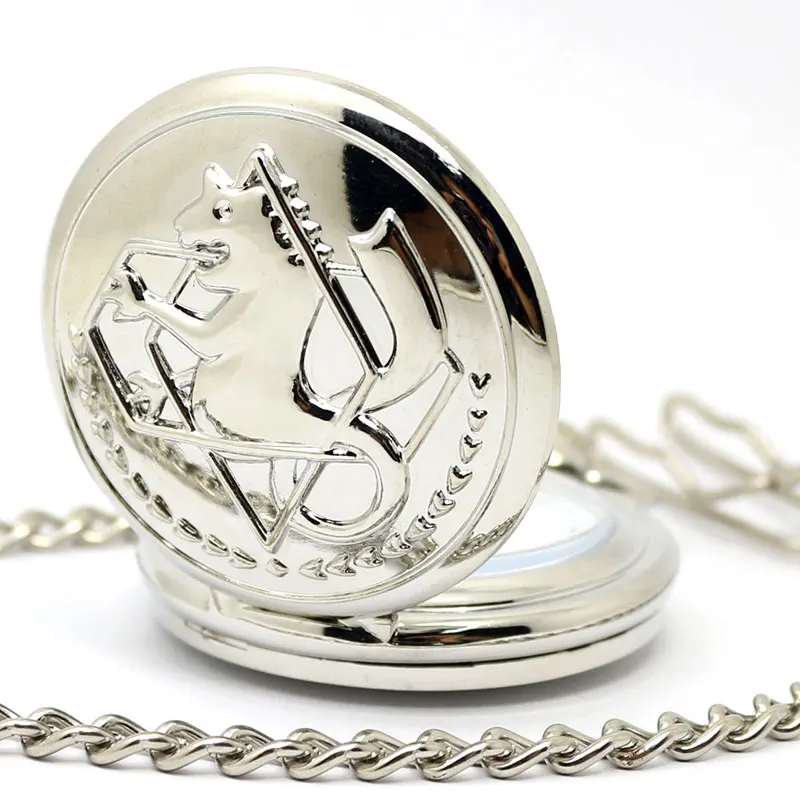 New Silver Case Fullmetal Alchemist Pocket Watch Cosplay Edward Elric Con Big Chain Anime Boys Gift Prezzo All'Ingrosso P423C