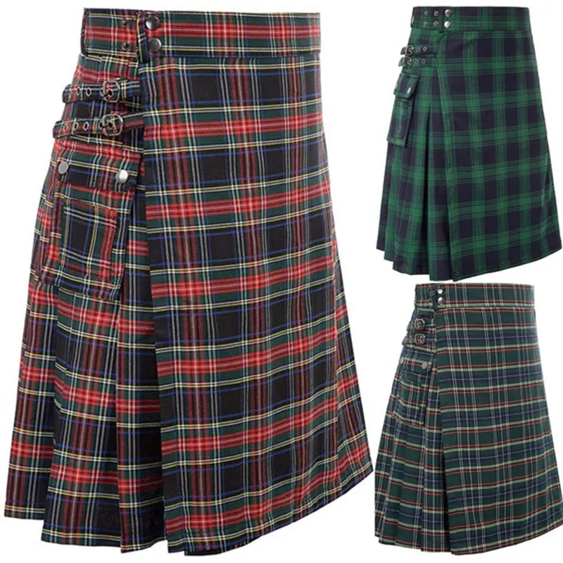 Mens Scozzese Tradizionale Highland Tartan Kilt Mens Gonna Vintage Kilt Scozia Gothic Punk Fashion Kendo Pocket