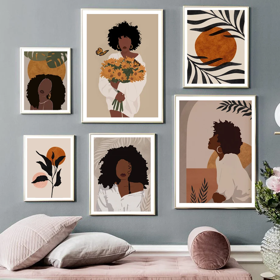 Wall Art Canvas Painting Boho Woman Leaf Flowers Sun Mountain Abstract Nordic Poster E Stampe Decor Pictures For Living Room