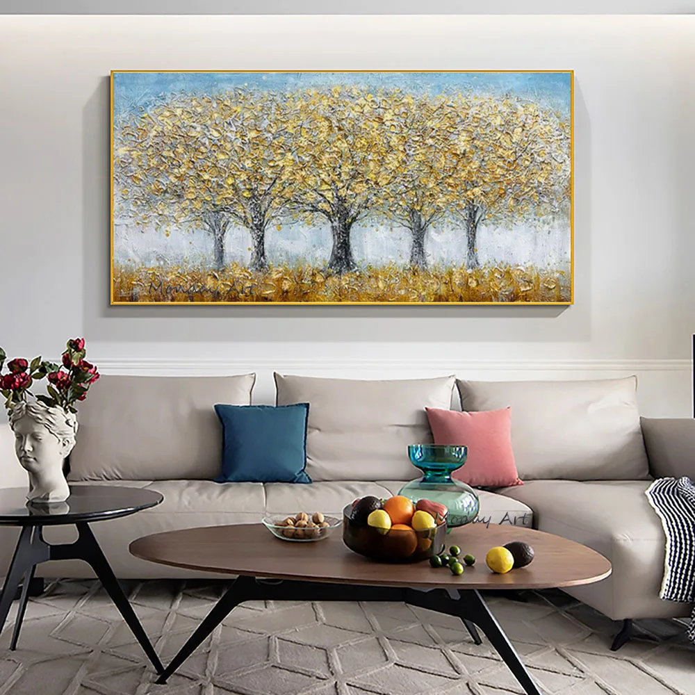 Originale Blooming Golden Leaf Tree Tela Dipinta A Mano, Astratta Strutturata Autunno Paesaggio Pittura Moderna Wall Art Decor