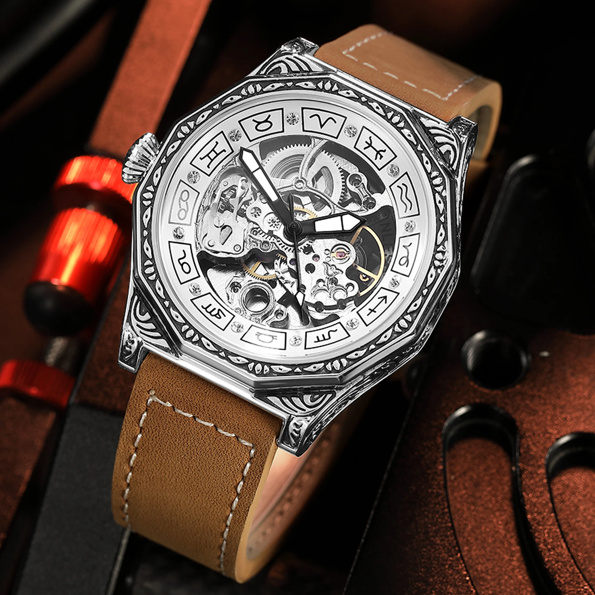 12 Constellation Orologio Meccanico Automatico Da Uomo Vintage Unico Scheletro Steampunk Orologio Da Polso Hollow Orologio Maschile Relogio Masculino