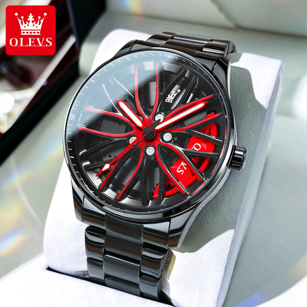 Olevs New In Quartz Watches Men 3D Hollow Rotary Dial Luminoso Orologio Da Polso Nero In Acciaio Inossidabile Top Brand Fashion Sports Watch
