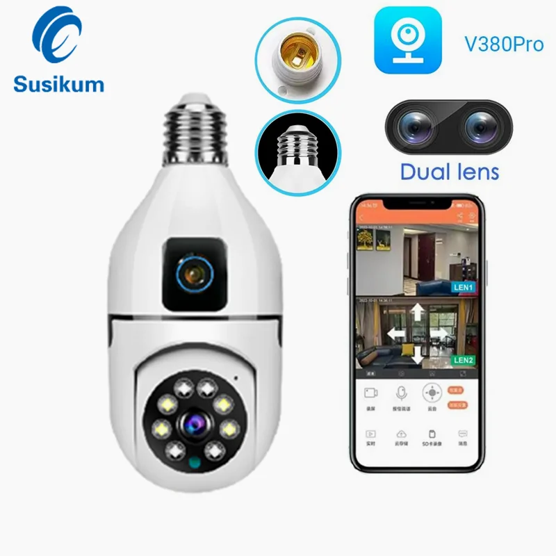 V380 Pro Dual Lens Wifi Bulb Camera Dual Screen Color Night Vision Wireless Security Indoor Smart Home Camera