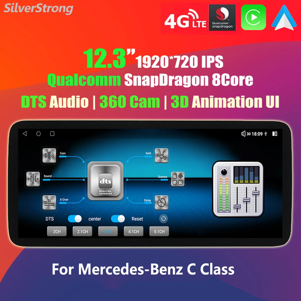 Snapdragon 8Core Multimedia Carplay Android C200 Per Mercedes Benz W204 C180 C230,Auto,12.3 ''Ips,Dts Audio,4G Sim