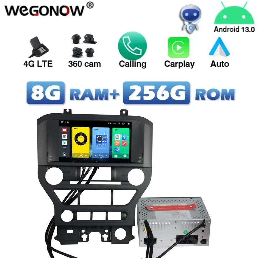 4G Sim Wireless Carplay Auto Ips Android 13.0 8G + 256G Lettore Dvd Per Auto Mappa Gps Rds Radio Wifi Bluetooth Per Ford Mustang 2015-2017