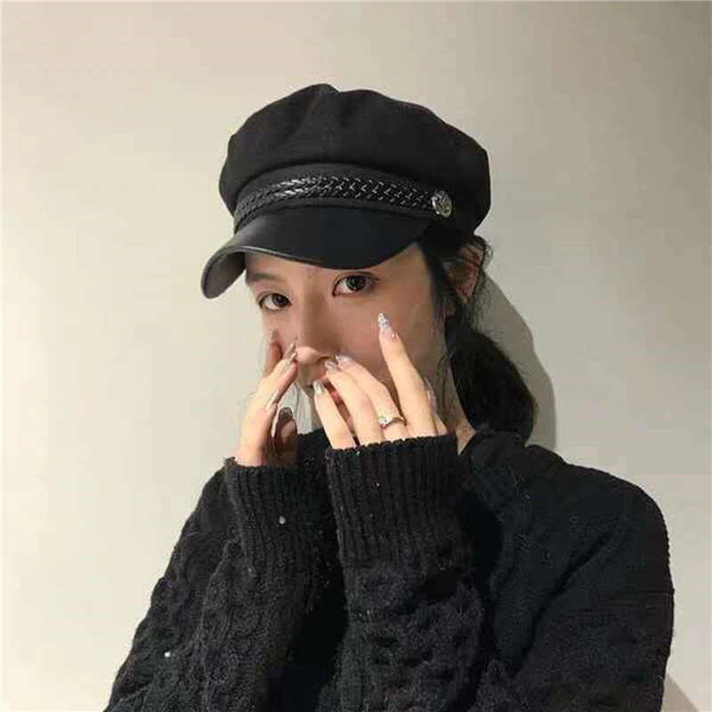 Moda Donna Berretto Militare Casual Sailor Hats Vintage Nero Caldo Flat Top Captain Cap Travel Cadet Hat