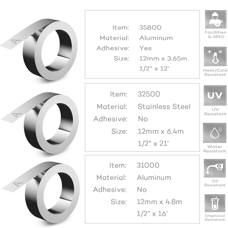 5 Rotoli 32500 35800 31000 Nastro Goffrato 3D Non Adesivo/Adesivo In Acciaio Inossidabile/Alluminio Compatibile Per Dymo Rhino M1011