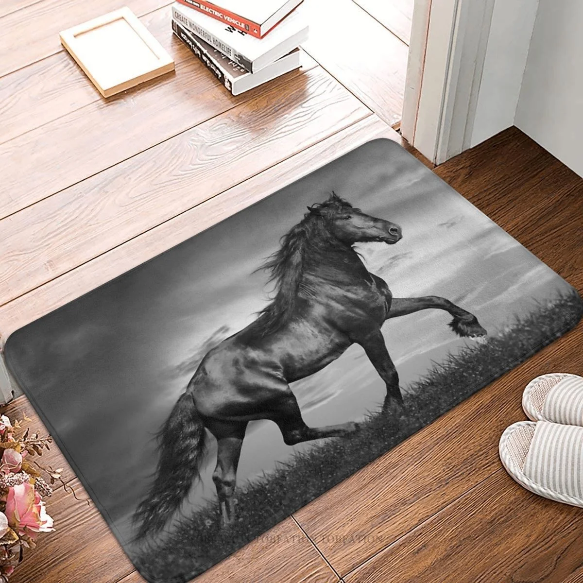 Galoppo Horse Run Quickly Zerbino Antiscivolo Black Friesian Stallion Prancing Through Field Bath Bedroom Mat Welcome Carpet Home