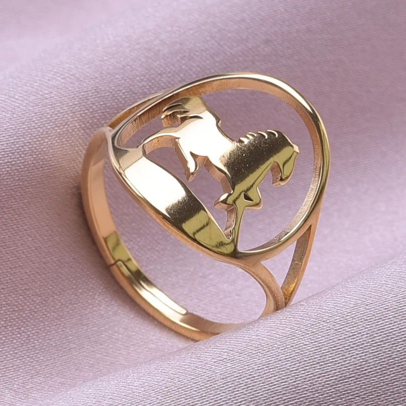 A Galoppo Horse Animal Ring Round Hollow Out Open Anelli Regolabili In Acciaio Inossidabile Per Donna Uomo Accessori Gioielli Vintage