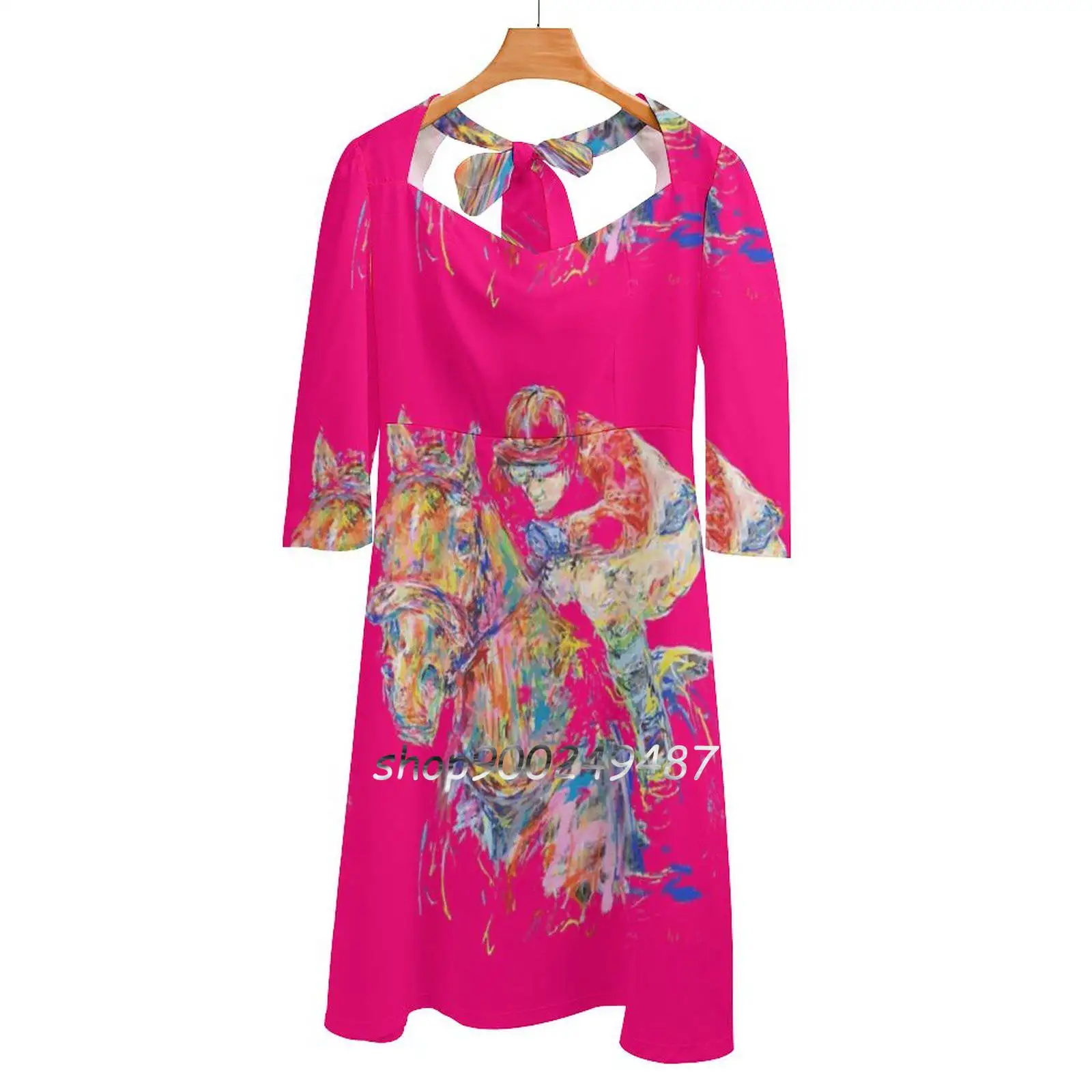 Pink Rider Sweet Elegant Dress Women Coreano Kawaii Square Collar Dress Derby Gallop Ascot Horse Horse Race Queen Painter
