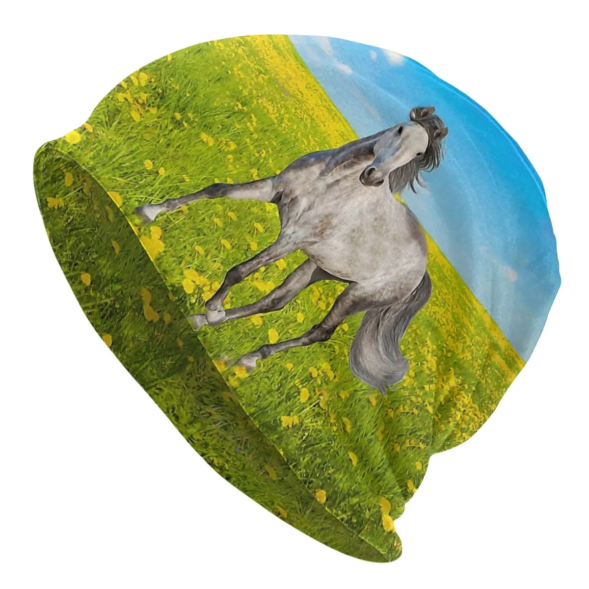 Dapple Grey Horse In Spring Field Galloping Horse Run Berretti Da Donna Printed Chemioterapia Pile Outdoor Turbante Traspirante