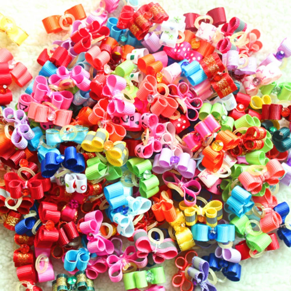 100Pcs Fiocchi Per Cani Fatti A Mano Fiocchi Per Capelli Alla Moda Squisiti Per Cani Di Piccola Taglia Elastico Accessori Per La Toelettatura Del Cane