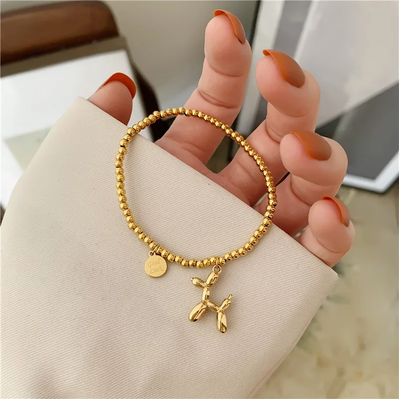 Acciaio Inossidabile Color Oro Lucky Round Brand Beads Balloon Dog Bracciale Moda Femminile Retro Cute Simple Jewelry Accessories