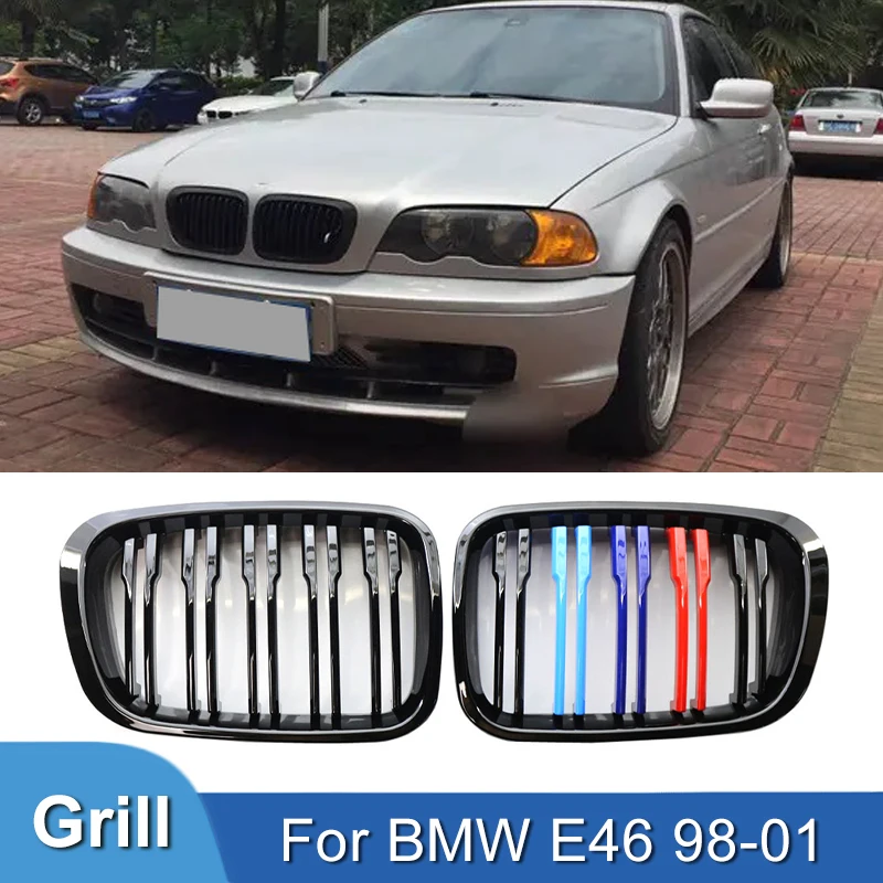 Pulleco Car Front Bumper Kidney Grill Grille Gloss Black M Racing Grills For Bmw 3 Series E46 4-Door 4D 4Dr 1998-2001 Styling