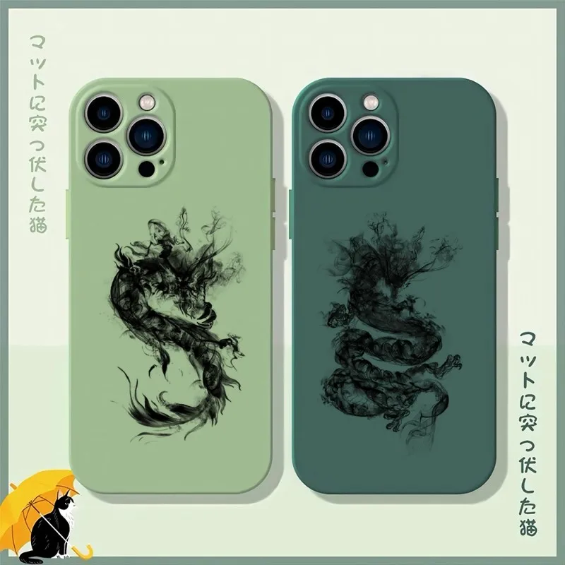 Ink Dragon Phone Case Matcha Green Per Iphone 12Pro 13 14 11 Pro Max Mini Xs X Xr 7 8 6 Plus Se2020 Cover