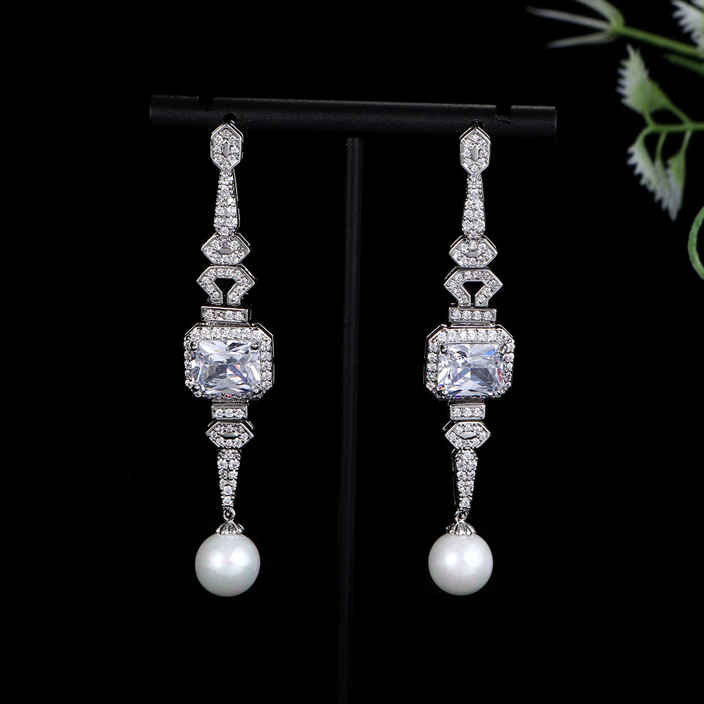 Luxury Geometry Sparkling Long Waterdrop Square Pearl Orecchini Pendenti Per Le Donne Wedding Indian Dubai Bridal Jewelry E1127