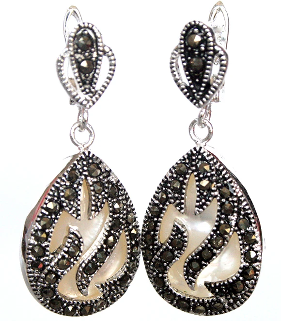 11/2 "Unico 925 Silver & Marcasite Intarsio Bianco Sea Shell Waterdrop Orecchini