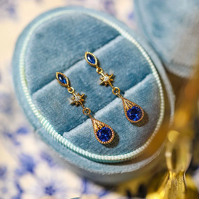 Orecchini Con Stelle Estetiche Per Le Donne Vintage Waterdrop Blue Zircone Dainty Lobe Accessori Color Oro Ciondola I Gioielli Dell'Orecchio Kae285