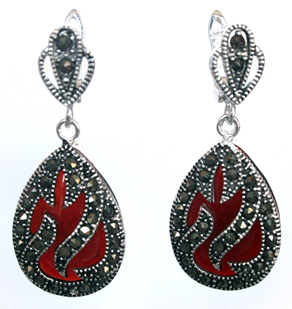 11/2 "Genuine 925 Silver & Marcasite Intarsio Corallo Rosso Orecchini Waterdrop