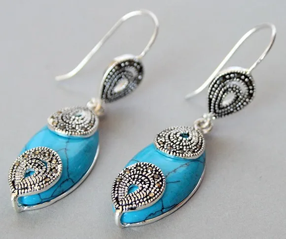 Elegante 925 Gioielli In Argento Blu Marcasite Waterdrop Orecchino D'Argento Turchese Naturale Orecchini Marcasite