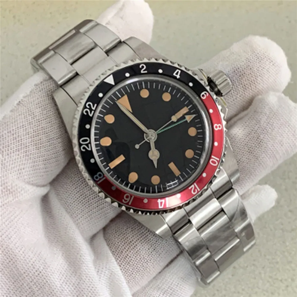 Orologio Meccanico Da Uomo Vintage Da 39.5Mm Verde Luminoso 4-Hand Gmt Dual Color Bezel 369 Old Style Dial Japan Nh34 Movt Oyster Band