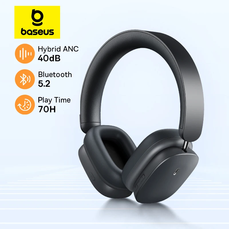 Baseus H1 Anc Cuffie Wireless Hybrid 40Db Auricolare Bluetooth 5.2 4-Microfoni Enc 40Mm Driver Over The Ear Cuffie 70H Playtime