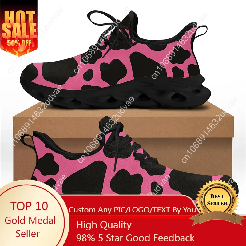 Cute Black And Pink Cow Print Women Fashion Lace-Up Sneaker 2021 Brand Designer Flex Control Scarpa Vulcanizzata Antiscivolo