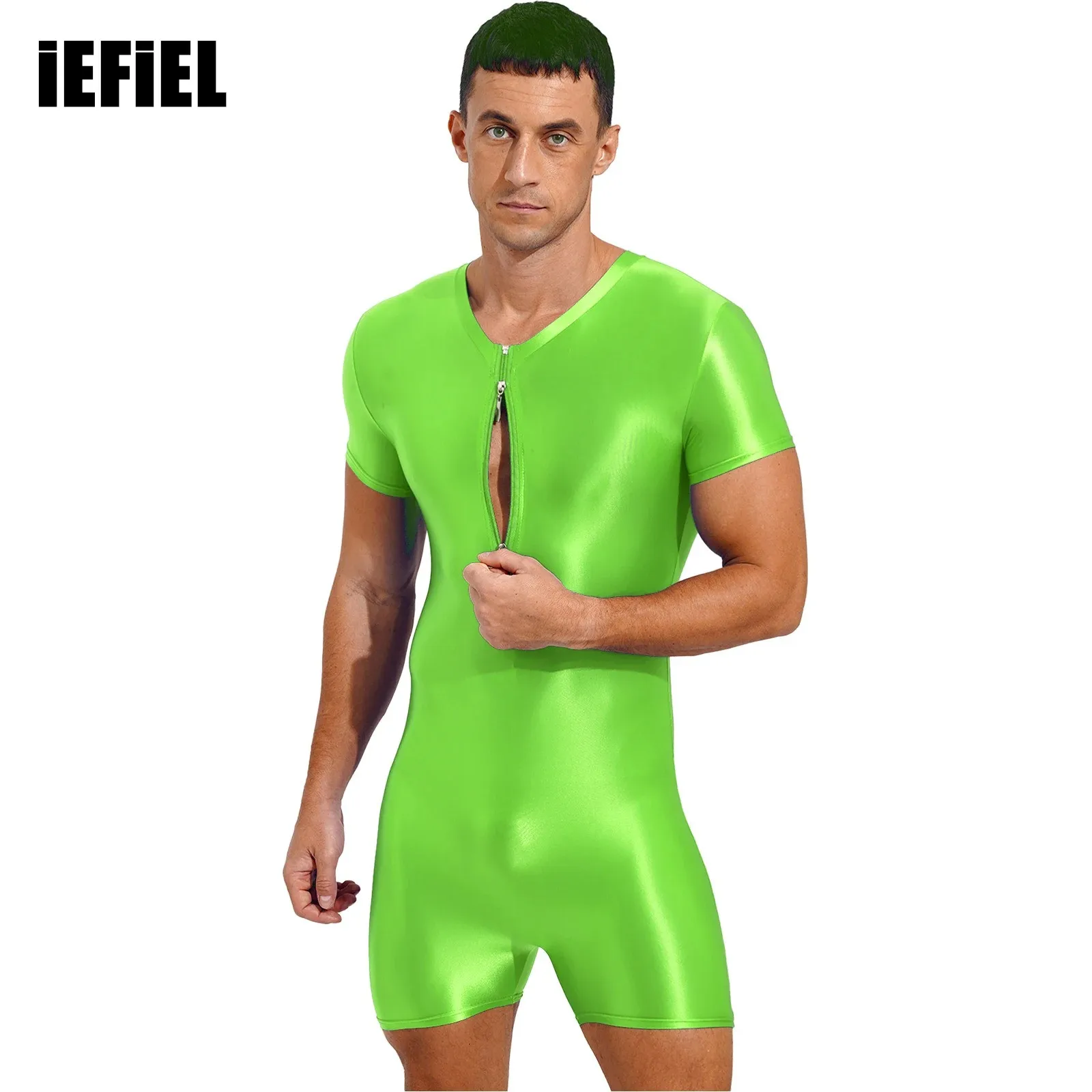 Costume Da Bagno Intero Da Uomo Con Cerniera A Manica Corta Costume Da Bagno Intero Con Scollo Tondo Elasticizzato Lucido Per Allenamento Di Bodybuild