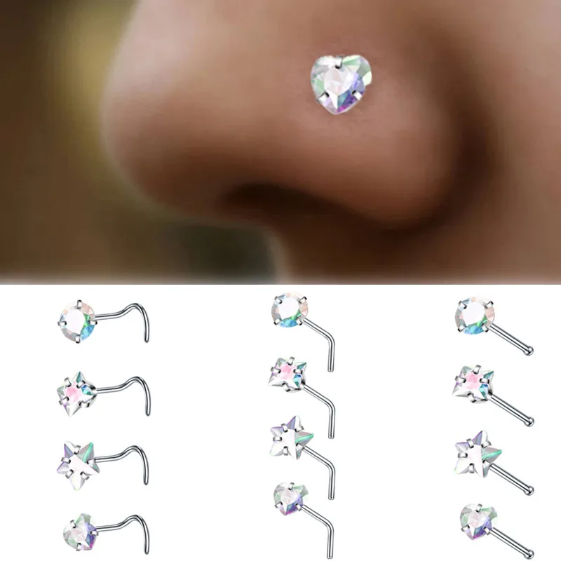 4 Pezzi In Acciaio Chirurgico Cuore Naso Anello Stud Pack Reale Stella A Forma Di L Naso Piercing Stud Set Anelli Naso Quadrato Set Piercing Nariz Lot