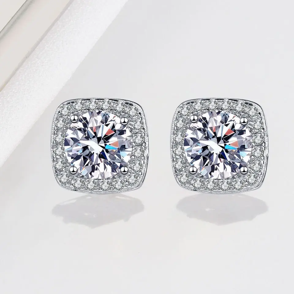 Copia 100% Full Diamond 1 Karat Princess Square Bag Strass Orecchini A Bottone Moissanite Femminili