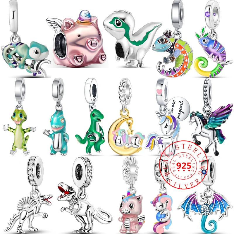 925 Argento Tyrannosaurus Rex Dinosaur Chameleon Unicorn Wing Pendant Shiny Beads Fit Pandora Original Charm 925 Bracciale Gioielli
