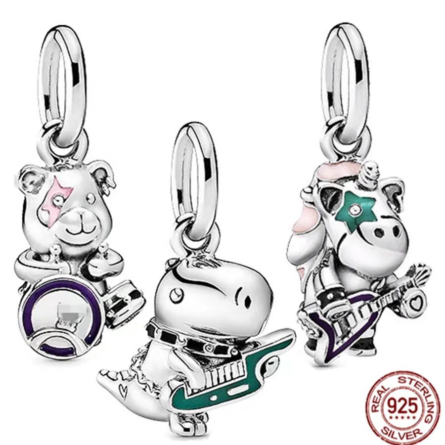 Ciondolo 925 Sterling Silver Dinosaur Bear Unicorn Playing Guitar Charm Beads Fit Originale Pandora Bracciale Collana Gioielli Fai Da Te