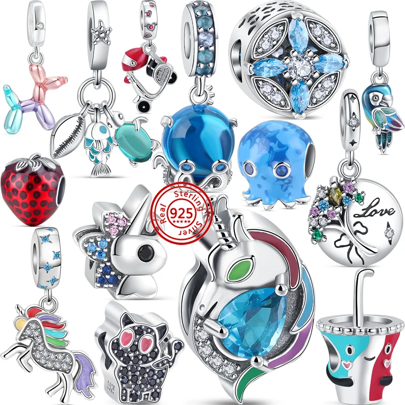 925 Sterling Silver Colorful Unicorn Blue Murano Glass Water Drop Drink Cup Bead Fit Original Pandora Charm Bracciale Gioielli Fai Da Te