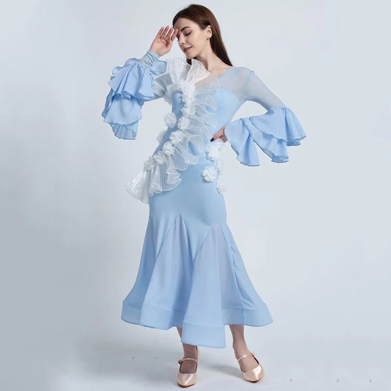 2023 New Ballroom Dance Dress Women Flower Sky Blue Abito A Maniche Lunghe Waltz Dance Performance Costume Competition Dress Bl11288