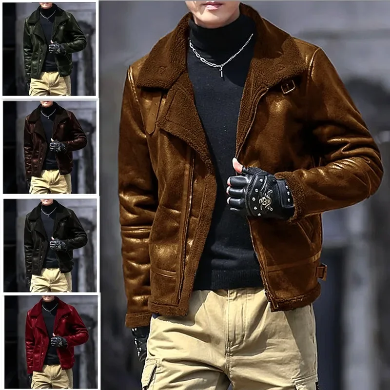 Solid Warm Lambswool Jacket Winter Motor Punk Coat Fit Cappotto Imbottito In Pelle Scamosciata Giacca Invernale Da Uomo