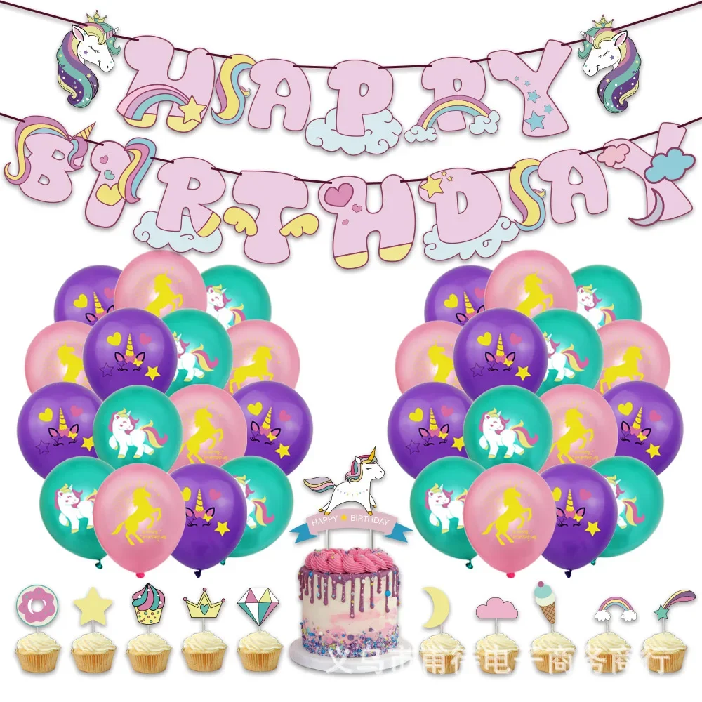 Unicorno Festa Di Compleanno Decorazione Palloncino Bambini Festa Di Compleanno Forniture Striscioni Bandiera Tirando Torta Bandiera Piantare Regalo