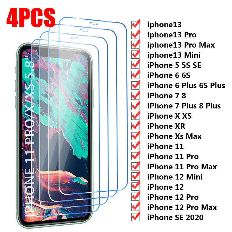 Vetro Temperato 4Pc Su Iphone 13 Pro Max 13 Mini 13 12 Pro 11 Pro Xr Proteggi Schermo Per Iphone 12 Pro Max 12 Mini 11 7 8 6 Plus