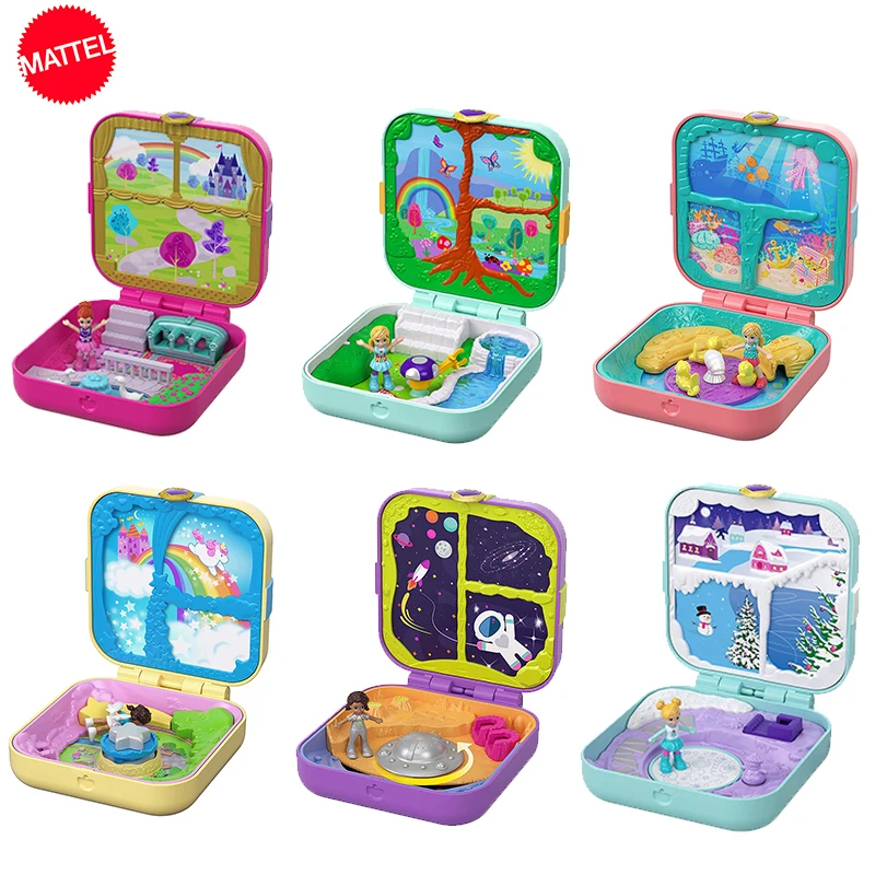 Giocattoli Originali Polly Pocket World Scatola Del Tesoro Compatta Nascosta Rivela Accessori Mini Bambole Micro Paesaggio Per Ragazze Set Di Figure